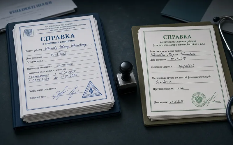 Баннер страницы: оформление справки 076/у. Помочь отличить детскую санаторную форму от справки для лагеря или школы. Фото медицинской обстановки без персональных данных.